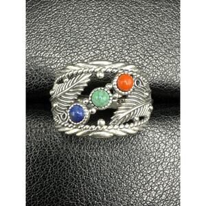 New Condition Coral Turquoise Lapis Feathers Band Ring 925 Size 7